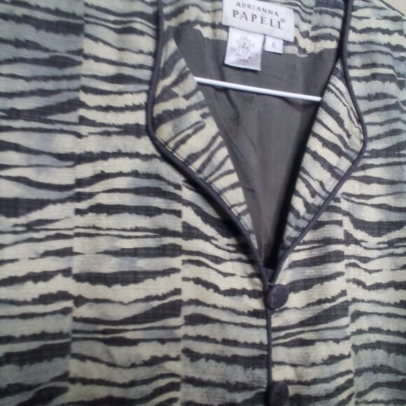 Adrianna Papell Blazer Jacket 6 Lightweight Button Up Tan Gray Patterned Silk - Picture 4 of 14